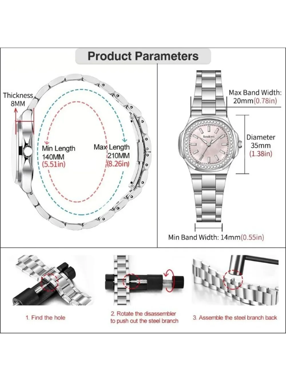 Women's Silver Pink Crystal Accented Solid Stainless Steel Band Wrist Watch